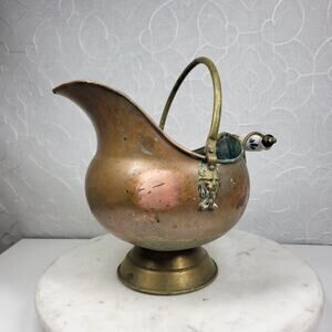 VTG Copper Coal Scuttle Ash Bucket 11" Patina Lion Head Delft Porcelain Handle